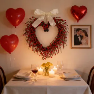 Handmade romantic heart-shaped twig wreath with red berries and white bow decoration
