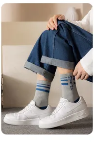 Men mid-calf cotton sports socks with stylish blue stripes and letter print detail for daily wear.