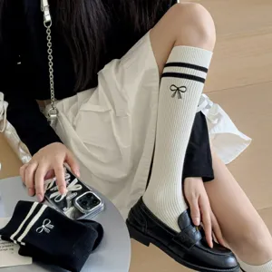 JK Japanese style Lolita knee high socks with bow embroidery and double stripes white.