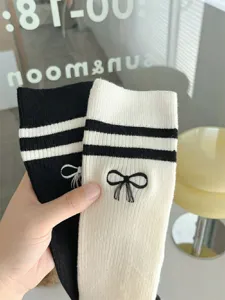 JK Lolita Damen Langsocken mit Schleife und Doppelstreifen Bestickt Suess Casual Stil