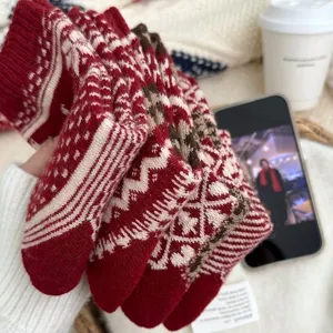Vintage Fair Isle wool slouchy socks for women, cozy red winter mid-tube knit socks.