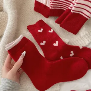 Red wool thickened warm mid-calf socks for women winter cozy cute heart patterned daily wear