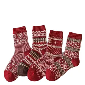 Cozy Fair Isle winter wool socks in red and white, vintage mid-tube thermal knit socks.