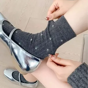 Korean style women autumn winter mid tube socks with cute small floral print and shiny shoes.