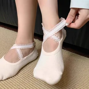 Women non-slip yoga socks with cross lace straps, professional pilates dance socks.