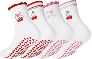 Calzini da yoga antiscivolo da donna con ricamo di ciliegie, impugnatura in silicone, pilates