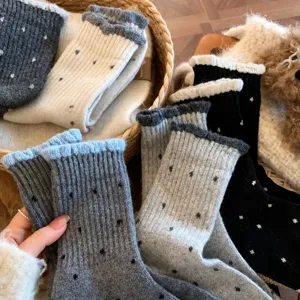 Women Polka Dot Mid Tube Cotton Blend Socks Korean Style Trendy Lace Trim Warm Slouch Socks Daily Winter Footwear