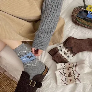 Cozy Fair Isle winter mid-tube socks featuring cute puppy and bow knit patterns, thick warm design.
