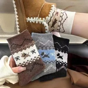 Women Thickened Warm Mid Calf Socks Retro Fair Isle Puppy Bow Pattern Cotton Winter Casual Snow Boots Long Socks