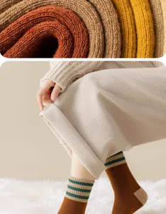 Thickened thermal winter knit socks detail, soft cozy loop pile stripe warm women long socks.