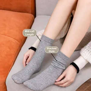Grey ribbed slouch socks for women, pure color cotton mid-tube socks, versatile casual style.