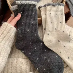 Autumn winter polka dot women mid-calf cotton socks cute ruffle cuff cozy warm socks