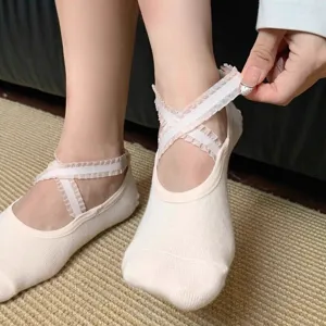 Women non-slip yoga socks with cross lace straps for pilates, dance and barefoot workout.