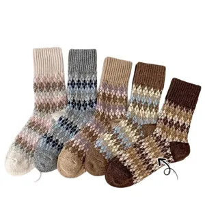 Calzini donna lana retro Fair Isle spessi caldi tubo medio inverno stile quadri