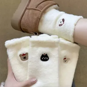 Women Winter Thickened Fleece Warm Sleep Socks Cute Cartoon Embroidery Slouch Socks White Thermal Mid Tube Socks