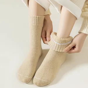 Thick warm wool mid-calf socks for women, cozy winter thermal fuzzy floor sleeping socks.