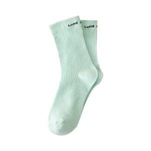 Light green ribbed mid-calf cotton socks for women, breathable and stylish casual wear.