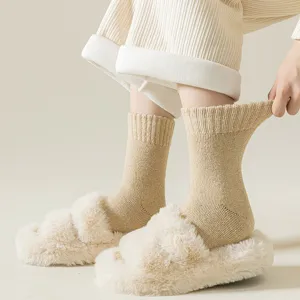 Thickened warm mid-tube wool socks for women, cozy winter thermal knit sleep socks.