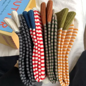Womens striped mid tube socks colorful colorblock casual fashion knit cotton socks