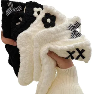 Women Winter Thickened Coral Fleece Sleep Socks Sweet Bow Floral Warm Floor Socks Cozy Home Sleepwear