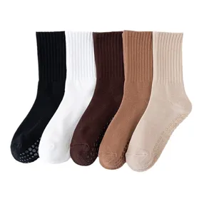 Chaussettes de Yoga Antidérapantes en Coton pour Femmes Mi-Mollet Couleur Unie Respirant Fitness Pilates Chaussettes de Sport Pour Entraînement