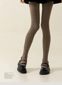 Knit over-the-knee long socks detail shot, brown color, soft ribbed top for daily cozy wear.