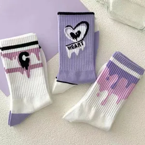 Damen Baumwolle Mittelsocken lila weiß Tropfen Herz stylisch lässig warme Kuschelsocken