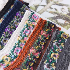 Close-up detail of retro women's knitted socks with colorful floral jacquard for autumn.