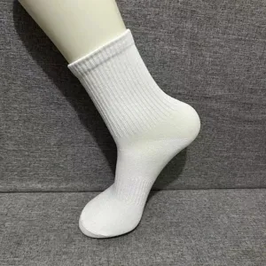 Detailed closeup view of white cotton mid-calf men sports socks product display style.