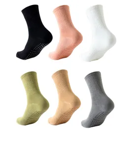 Women's non-slip yoga socks mid-tube solid color cotton fitness pilates grip socks 6 colors