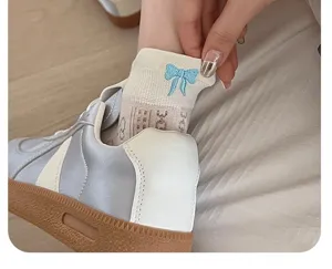 Women mesh short socks cute blue bow embroidery breathable low cut summer casual cotton socks
