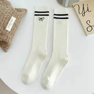 Women's Sweet Lolita Cute Bowknot Embroidered Knee High Socks Casual Cotton Double Stripe Long Tube Socks