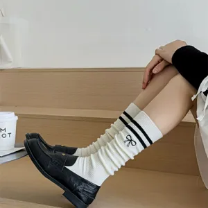 Women's JK Lolita bow mid-calf socks sweet double stripe cotton slouch hosiery for daily wear