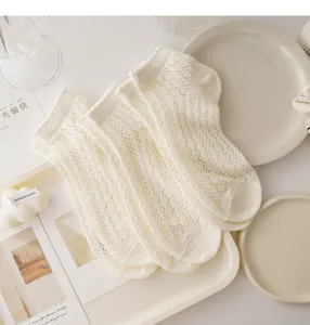 Detailed view of Japanese style hollow mesh lace short socks, breathable summer cotton cute socks.