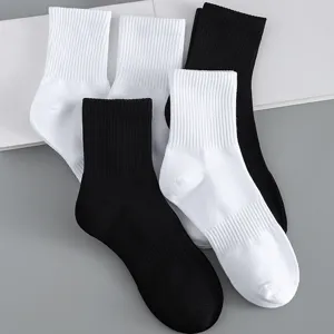 Men breathable black white cotton mid tube ribbed socks casual athletic daily wear main view