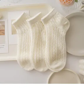 Detail shot of sweet lolita lace mesh ankle socks in cream white, breathable summer cotton.