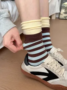Comfortable striped stacked socks with double layer cuffs for women, stylish and cozy daily wear.