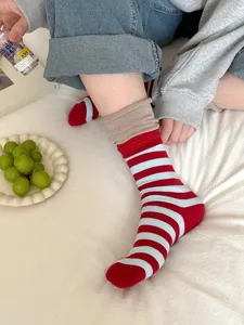 Colorblock striped layered cuff mid-calf socks for women, sweet spring autumn daily wear!