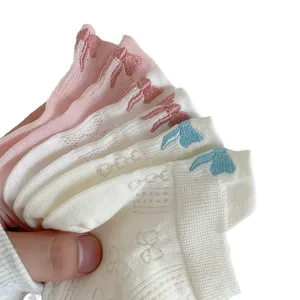 Women cute bow embroidered cotton short socks, multi-color low-cut casual ankle socks main