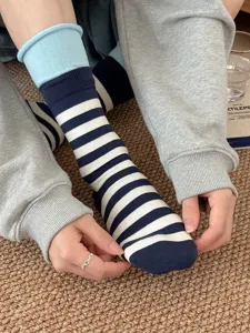 Colorblock striped double-cuff stacking socks, soft knit, cozy mid-tube daily wear.