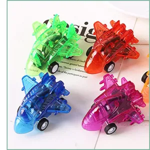 Cute mini pull-back fighter jet toy, colorful transparent plastic cartoon airplane set.
