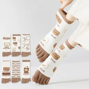 Calcetines de Cinco Dedos para Mujer Lindo Patrón de Oso de Dibujos Animados Verano Algodón Fino Media Pantorrilla Transpirable
