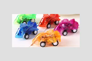 Transparent colorful pull-back airplane toy car detail showing multi-color plastic design.