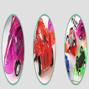 Detailed close-up view showing colorful translucent plastic toy fighter airplanes.
