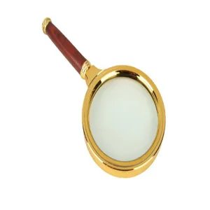Tragbare Handlupe mit goldenem Metallrahmen und elegantem Holzmaserungsgriff.