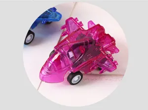 Mini transparent pull-back fighter jet toy model, cute cartoon plastic airplane for kids play.