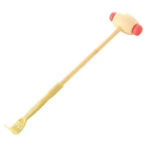 Dual-use manual massage hammer and back scratcher with wooden handle for body relaxation.