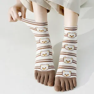 Calcetines de cinco dedos bonitos de mujer verano algodón fino a rayas patrón de oso dulce