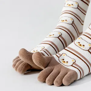 Calcetines cinco dedos lindo oso estampado mujer algodón transpirable rayas calcetín