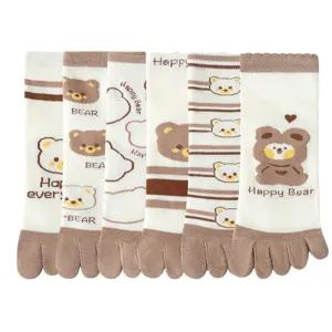 Calcetines de dedos de algodón para mujer lindo diseño de oso tubo medio seis pares en set